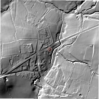 Shaded relief map of the ground around CV78PA, computed from Environment Agency LiDAR. The ground here sits at about 116 m above sea level and falls 31 m across the surrounding 800 m. Surface water reaching this point runs off ground lying to the west-south-west, 20.5 m higher.