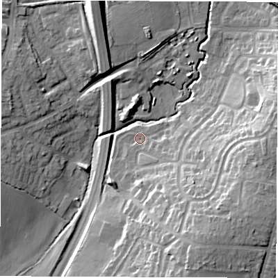 Shaded relief map of the ground around CV79DL, computed from Environment Agency LiDAR. The ground here sits at about 96 m above sea level and falls 19 m across the surrounding 800 m. Surface water reaching this point runs off ground lying to the south-east, 1.9 m higher.