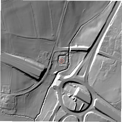 Shaded relief map of the ground around CV79GW, computed from Environment Agency LiDAR. The ground here sits at about 93 m above sea level and falls 18 m across the surrounding 800 m. Surface water reaching this point runs off ground lying to the north-north-east, 2.0 m higher.