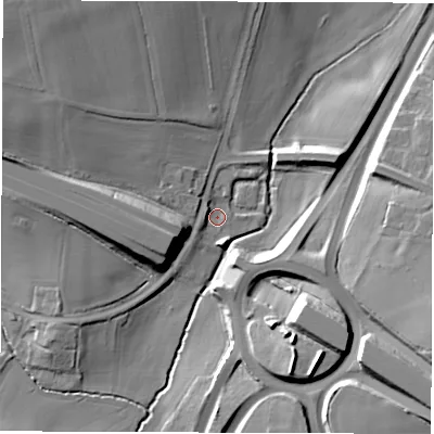 Shaded relief map of the ground around CV79GX, computed from Environment Agency LiDAR. The ground here sits at about 92 m above sea level and falls 17 m across the surrounding 800 m. Surface water reaching this point runs off ground lying to the north-west, 14.8 m higher.