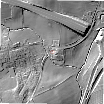 Shaded relief map of the ground around CV79GZ, computed from Environment Agency LiDAR. The ground here sits at about 93 m above sea level and falls 18 m across the surrounding 800 m. Surface water reaching this point runs off ground lying to the east-north-east, 3.8 m higher.