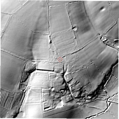 Shaded relief map of the ground around CV79HY, computed from Environment Agency LiDAR. The ground here sits at about 113 m above sea level and falls 29 m across the surrounding 800 m. Surface water reaching this point runs off ground lying to the north, 2.1 m higher.