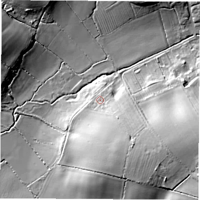 Shaded relief map of the ground around CV79LL, computed from Environment Agency LiDAR. The ground here sits at about 100 m above sea level and falls 26 m across the surrounding 800 m. Surface water reaching this point runs off ground lying to the south-east, 13.8 m higher.