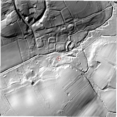 Shaded relief map of the ground around CV79LQ, computed from Environment Agency LiDAR. The ground here sits at about 97 m above sea level and falls 23 m across the surrounding 800 m. Surface water reaching this point runs off ground lying to the south-east, 4.6 m higher.
