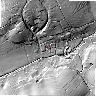 Shaded relief map of the ground around CV79LS, computed from Environment Agency LiDAR. The ground here sits at about 96 m above sea level and falls 25 m across the surrounding 800 m. Surface water reaching this point runs off ground lying to the north, 12.3 m higher.