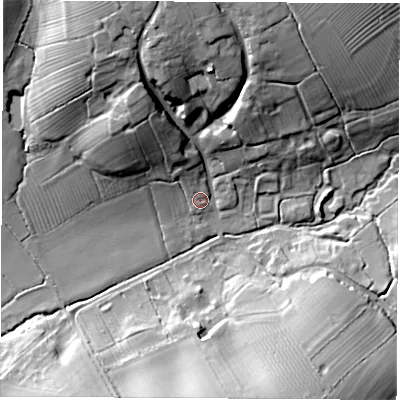 Shaded relief map of the ground around CV79LT, computed from Environment Agency LiDAR. The ground here sits at about 97 m above sea level and falls 25 m across the surrounding 800 m. Surface water reaching this point runs off ground lying to the north-north-west, 22.5 m higher.
