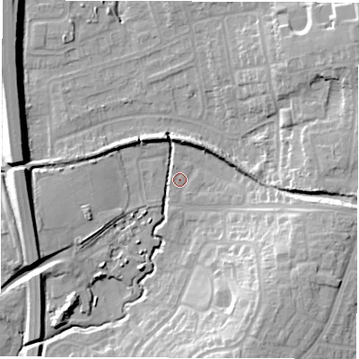 Shaded relief map of the ground around CV79PE, computed from Environment Agency LiDAR. The ground here sits at about 98 m above sea level and falls 18 m across the surrounding 800 m. Surface water reaching this point runs off ground lying to the north-east, 13.0 m higher.