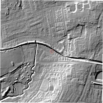 Shaded relief map of the ground around CV79PF, computed from Environment Agency LiDAR. The ground here sits at about 97 m above sea level and falls 18 m across the surrounding 800 m. Surface water reaching this point runs off ground lying to the east-south-east, 7.6 m higher.