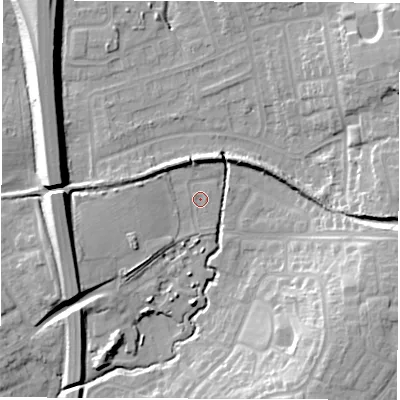 Shaded relief map of the ground around CV79PG, computed from Environment Agency LiDAR. The ground here sits at about 98 m above sea level and falls 18 m across the surrounding 800 m. Surface water reaching this point runs off ground lying to the west, 8.0 m higher.
