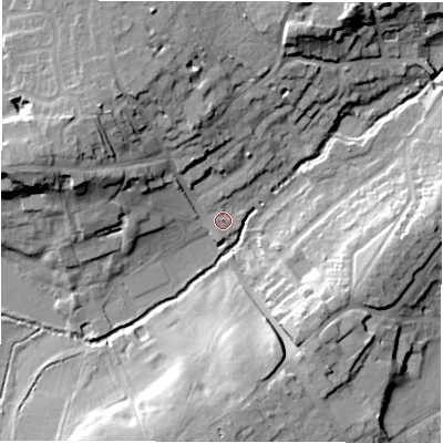 Shaded relief map of the ground around CV81BP, computed from Environment Agency LiDAR. The ground here sits at about 75 m above sea level and falls 23 m across the surrounding 800 m. Surface water reaching this point runs off ground lying to the north-west, 16.3 m higher.