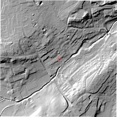 Shaded relief map of the ground around CV81BS, computed from Environment Agency LiDAR. The ground here sits at about 76 m above sea level and falls 23 m across the surrounding 800 m. Surface water reaching this point runs off ground lying to the north-west, 10.6 m higher.