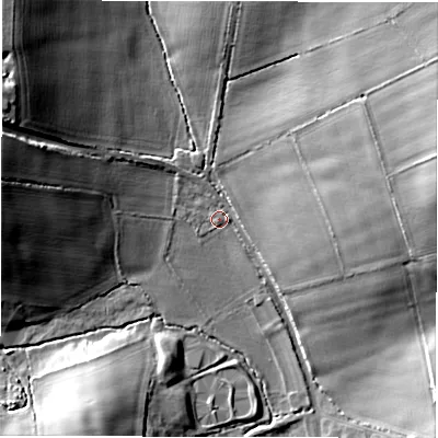 Shaded relief map of the ground around CV81PS, computed from Environment Agency LiDAR. The ground here sits at about 85 m above sea level and falls 21 m across the surrounding 800 m. Surface water reaching this point runs off ground lying to the east-north-east, 18.6 m higher.