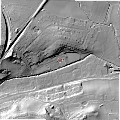 Shaded relief map of the ground around CV82EL, computed from Environment Agency LiDAR. The ground here sits at about 71 m above sea level and falls 38 m across the surrounding 800 m. Surface water reaching this point runs off ground lying to the north-west, 13.6 m higher.