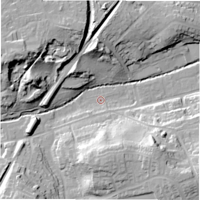 Shaded relief map of the ground around CV82EN, computed from Environment Agency LiDAR. The ground here sits at about 70 m above sea level and falls 36 m across the surrounding 800 m. Surface water reaching this point runs off ground lying to the south-east, 33.4 m higher.