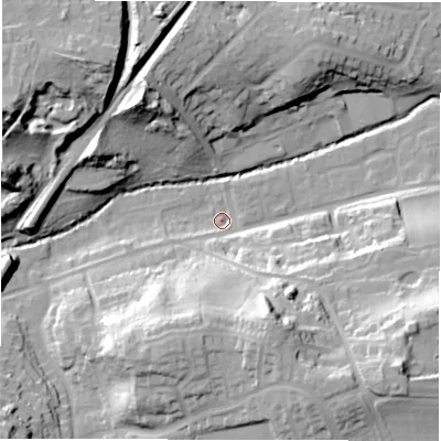 Shaded relief map of the ground around CV82EP, computed from Environment Agency LiDAR. The ground here sits at about 70 m above sea level and falls 38 m across the surrounding 800 m. Surface water reaching this point runs off ground lying to the south-south-east, 32.4 m higher.