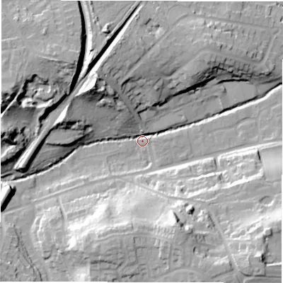 Shaded relief map of the ground around CV82EQ, computed from Environment Agency LiDAR. The ground here sits at about 70 m above sea level and falls 38 m across the surrounding 800 m. Surface water reaching this point runs off ground lying to the south-south-east, 33.4 m higher.
