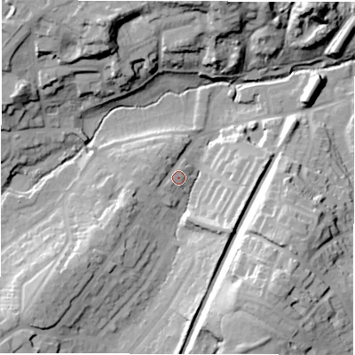 Shaded relief map of the ground around CV82GD, computed from Environment Agency LiDAR. The ground here sits at about 76 m above sea level and falls 30 m across the surrounding 800 m. Surface water reaching this point runs off ground lying to the west, 4.0 m higher.