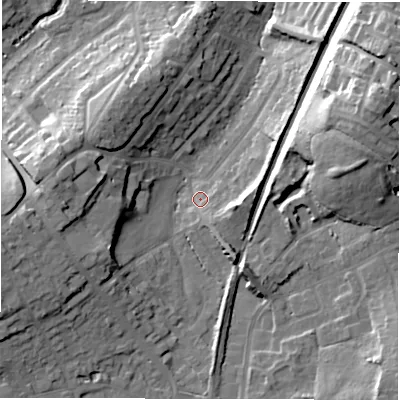 Shaded relief map of the ground around CV82HD, computed from Environment Agency LiDAR. The ground here sits at about 78 m above sea level and falls 27 m across the surrounding 800 m. Surface water reaching this point runs off ground lying to the south-east, 5.2 m higher.