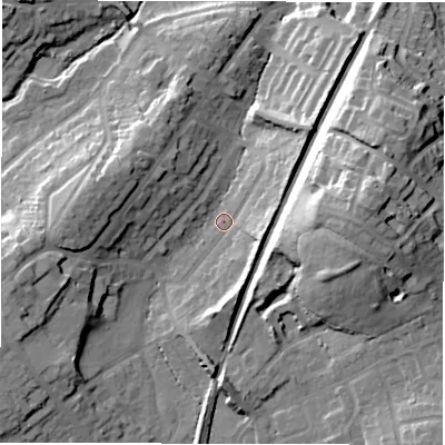 Shaded relief map of the ground around CV82HF, computed from Environment Agency LiDAR. The ground here sits at about 76 m above sea level and falls 29 m across the surrounding 800 m. Surface water reaching this point runs off ground lying to the west, 15.5 m higher.