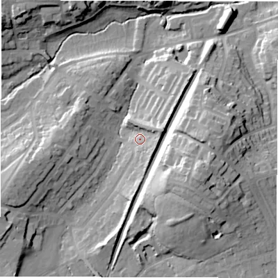 Shaded relief map of the ground around CV82HG, computed from Environment Agency LiDAR. The ground here sits at about 78 m above sea level and falls 30 m across the surrounding 800 m. Surface water reaching this point runs off ground lying to the east-north-east, 9.4 m higher.