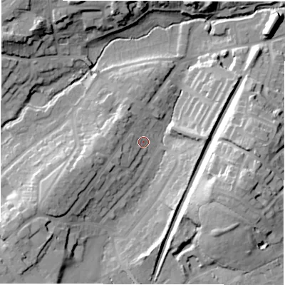 Shaded relief map of the ground around CV82HH, computed from Environment Agency LiDAR. The ground here sits at about 77 m above sea level and falls 30 m across the surrounding 800 m. Surface water reaching this point runs off ground lying to the west-south-west, 11.2 m higher.