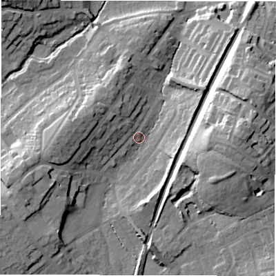 Shaded relief map of the ground around CV82HL, computed from Environment Agency LiDAR. The ground here sits at about 76 m above sea level and falls 29 m across the surrounding 800 m. Surface water reaching this point runs off ground lying to the west-south-west, 15.7 m higher.