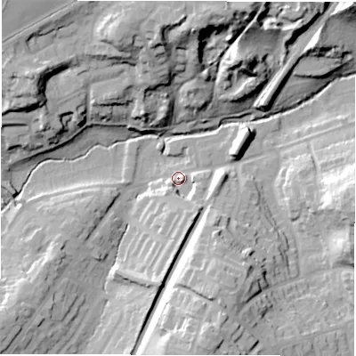 Shaded relief map of the ground around CV82HP, computed from Environment Agency LiDAR. The ground here sits at about 74 m above sea level and falls 35 m across the surrounding 800 m. Surface water reaching this point runs off ground lying to the south, 26.0 m higher.