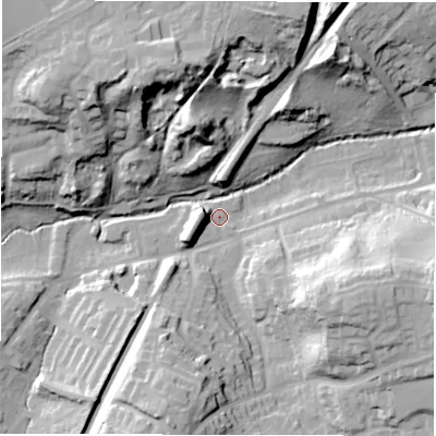 Shaded relief map of the ground around CV82HQ, computed from Environment Agency LiDAR. The ground here sits at about 71 m above sea level and falls 35 m across the surrounding 800 m. Surface water reaching this point runs off ground lying to the east-south-east, 27.1 m higher.