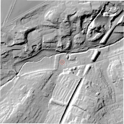 Shaded relief map of the ground around CV82HR, computed from Environment Agency LiDAR. The ground here sits at about 71 m above sea level and falls 34 m across the surrounding 800 m. Surface water reaching this point runs off ground lying to the south-south-east, 27.6 m higher.
