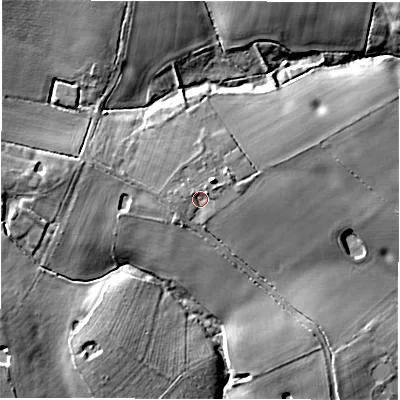 Shaded relief map of the ground around CV82JW, computed from Environment Agency LiDAR. The ground here sits at about 96 m above sea level and falls 16 m across the surrounding 800 m. Surface water reaching this point runs off ground lying to the north-east, 1.5 m higher.