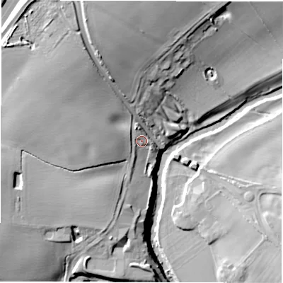 Shaded relief map of the ground around CV82LD, computed from Environment Agency LiDAR. The ground here sits at about 59 m above sea level and falls 30 m across the surrounding 800 m. Surface water reaching this point runs off ground lying to the west, 5.9 m higher.