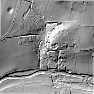 Shaded relief map of the ground around CV82LE, computed from Environment Agency LiDAR. The ground here sits at about 59 m above sea level and falls 26 m across the surrounding 800 m. Surface water reaching this point runs off ground lying to the east-north-east, 9.1 m higher.