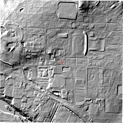 Shaded relief map of the ground around CV82LZ, computed from Environment Agency LiDAR. The ground here sits at about 63 m above sea level and falls 19 m across the surrounding 800 m. Surface water reaching this point runs off ground lying to the north-west, 3.1 m higher.
