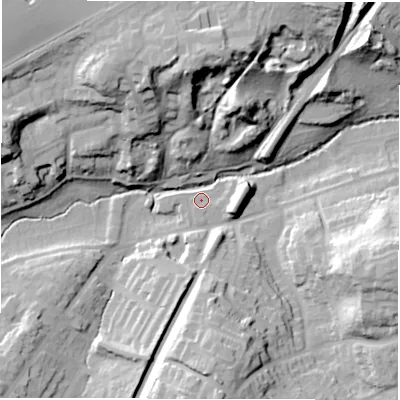 Shaded relief map of the ground around CV82XP, computed from Environment Agency LiDAR. The ground here sits at about 72 m above sea level and falls 35 m across the surrounding 800 m. Surface water reaching this point runs off ground lying to the south-south-west, 8.2 m higher.