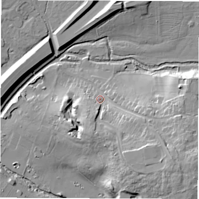 Shaded relief map of the ground around CV83AG, computed from Environment Agency LiDAR. The ground here sits at about 68 m above sea level and falls 30 m across the surrounding 800 m. Surface water reaching this point runs off ground lying to the south-east, 20.3 m higher.