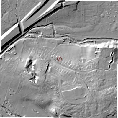 Shaded relief map of the ground around CV83AH, computed from Environment Agency LiDAR. The ground here sits at about 69 m above sea level and falls 30 m across the surrounding 800 m. Surface water reaching this point runs off ground lying to the south-south-east, 4.2 m higher.