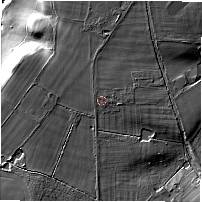 Shaded relief map of the ground around CV83BA, computed from Environment Agency LiDAR. The ground here sits at about 84 m above sea level and falls 30 m across the surrounding 800 m. Surface water reaching this point runs off ground lying to the north-west, 0.7 m higher.
