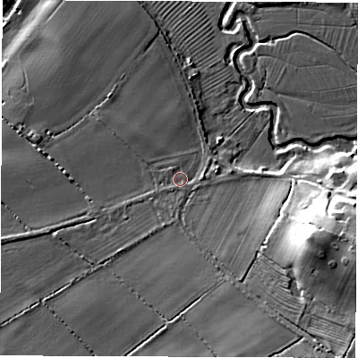 Shaded relief map of the ground around CV83BS, computed from Environment Agency LiDAR. The ground here sits at about 61 m above sea level and falls 21 m across the surrounding 800 m. Surface water reaching this point runs off ground lying to the south-east, 0.7 m higher.