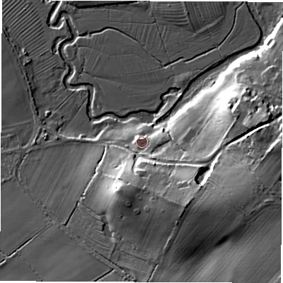 Shaded relief map of the ground around CV83BT, computed from Environment Agency LiDAR. The ground here sits at about 66 m above sea level and falls 25 m across the surrounding 800 m. Surface water reaching this point runs off ground lying to the south-south-east, 4.4 m higher.
