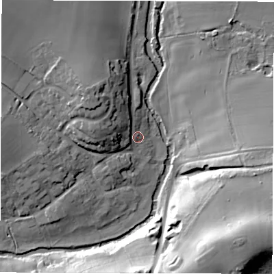 Shaded relief map of the ground around CV83BZ, computed from Environment Agency LiDAR. The ground here sits at about 59 m above sea level and falls 35 m across the surrounding 800 m. Surface water reaching this point runs off ground lying to the west-north-west, 10.7 m higher.