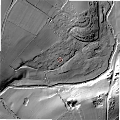 Shaded relief map of the ground around CV83DH, computed from Environment Agency LiDAR. The ground here sits at about 61 m above sea level and falls 33 m across the surrounding 800 m. Surface water reaching this point runs off ground lying to the north, 6.6 m higher.