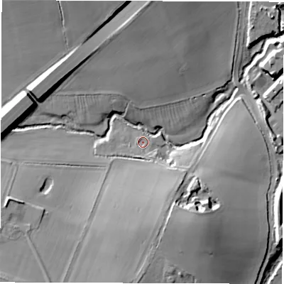 Shaded relief map of the ground around CV83DQ, computed from Environment Agency LiDAR. The ground here sits at about 61 m above sea level and falls 19 m across the surrounding 800 m. Surface water reaching this point runs off ground lying to the south, 2.6 m higher.