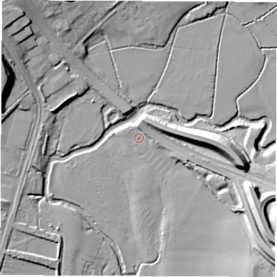 Shaded relief map of the ground around CV83DY, computed from Environment Agency LiDAR. The ground here sits at about 65 m above sea level and falls 17 m across the surrounding 800 m. Surface water reaching this point runs off ground lying to the east-south-east, 7.7 m higher.