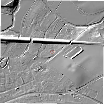 Shaded relief map of the ground around CV83FX, computed from Environment Agency LiDAR. The ground here sits at about 73 m above sea level and falls 13 m across the surrounding 800 m. Surface water reaching this point runs off ground lying to the east, 2.7 m higher.