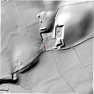 Shaded relief map of the ground around CV83GE, computed from Environment Agency LiDAR. The ground here sits at about 75 m above sea level and falls 22 m across the surrounding 800 m. Surface water reaching this point runs off ground lying to the north-west, 11.7 m higher.