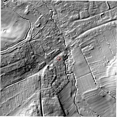 Shaded relief map of the ground around CV83HB, computed from Environment Agency LiDAR. The ground here sits at about 74 m above sea level and falls 17 m across the surrounding 800 m. Surface water reaching this point runs off ground lying to the south-south-west, 12.6 m higher.