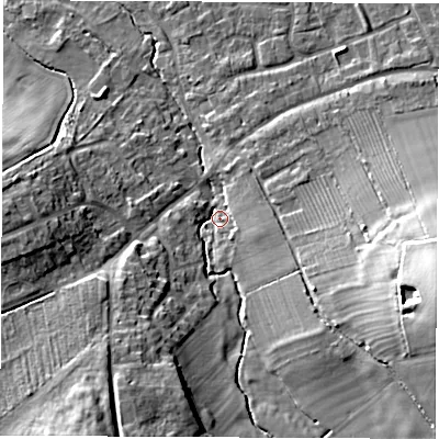 Shaded relief map of the ground around CV83HD, computed from Environment Agency LiDAR. The ground here sits at about 73 m above sea level and falls 21 m across the surrounding 800 m. Surface water reaching this point runs off ground lying to the south-south-west, 13.6 m higher.