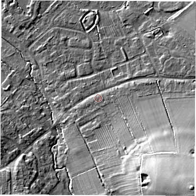 Shaded relief map of the ground around CV83HF, computed from Environment Agency LiDAR. The ground here sits at about 74 m above sea level and falls 27 m across the surrounding 800 m. Surface water reaching this point runs off ground lying to the south, 2.1 m higher.