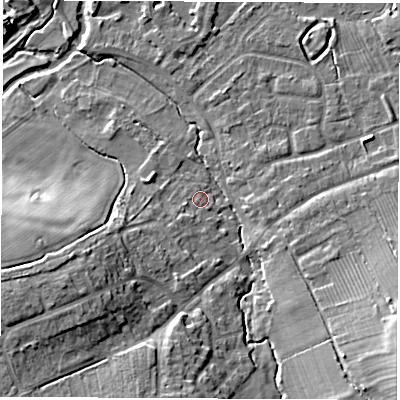 Shaded relief map of the ground around CV83HH, computed from Environment Agency LiDAR. The ground here sits at about 73 m above sea level and falls 14 m across the surrounding 800 m. Surface water reaching this point runs off ground lying to the south-south-west, 1.5 m higher.
