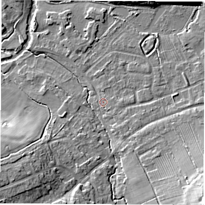 Shaded relief map of the ground around CV83HJ, computed from Environment Agency LiDAR. The ground here sits at about 72 m above sea level and falls 18 m across the surrounding 800 m. Surface water reaching this point runs off ground lying to the south-east, 1.5 m higher.